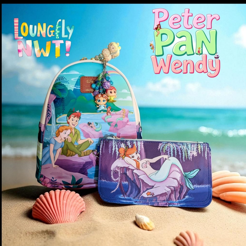 NWT Loungefly Disney Peter Pan Mermaid Lagoon Mini Backpack, Wallet & Charm&Pen
